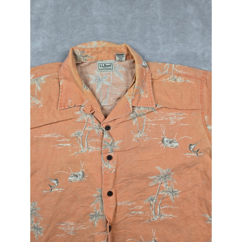 Vintage LL Bean Hawaiian Shirt Mens L Orange Linen Blend Tropical Fish Palm Tree